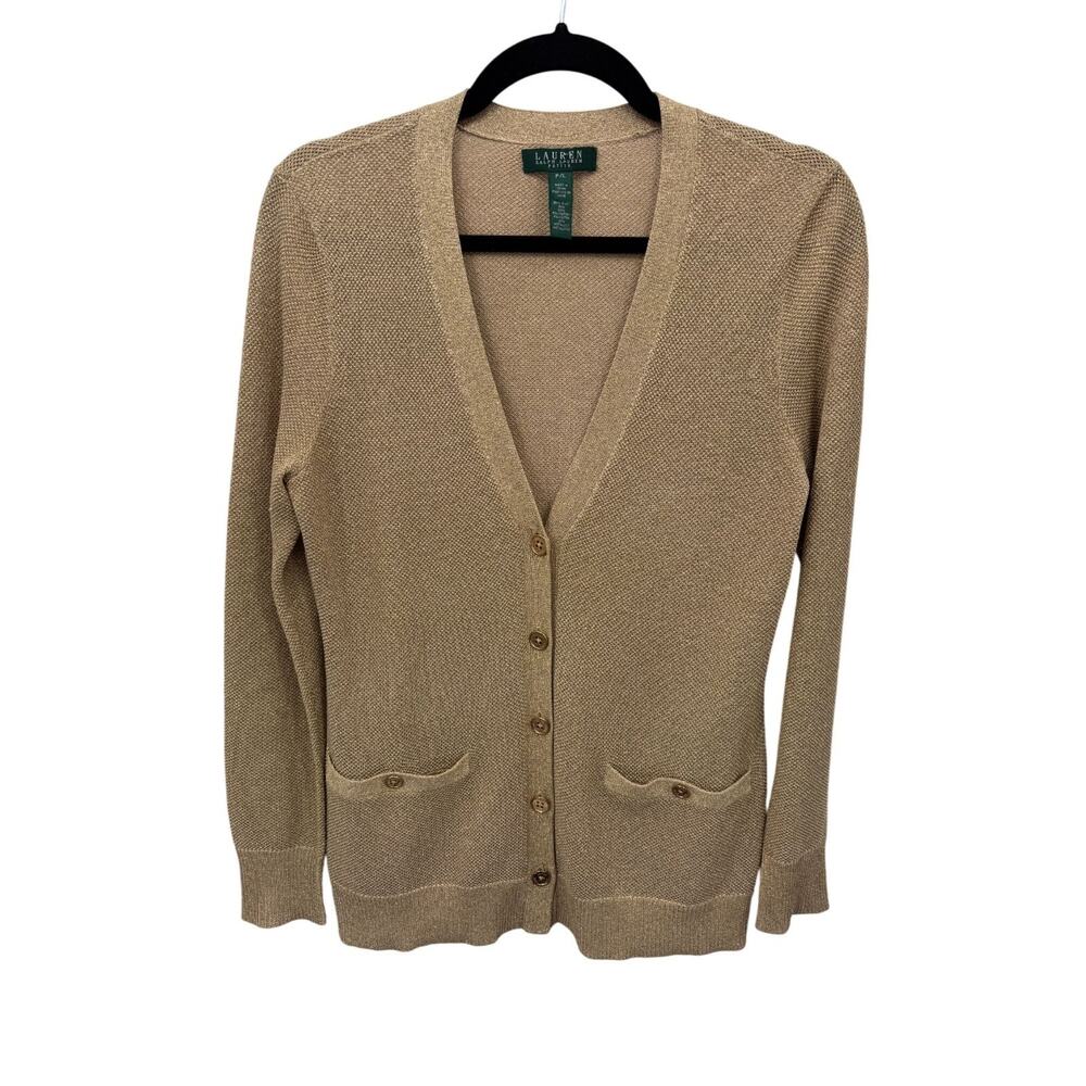 Lauren‎ Ralph Lauren Cardigan PL Gold Metallic Silk Pockets Old Money Nautical